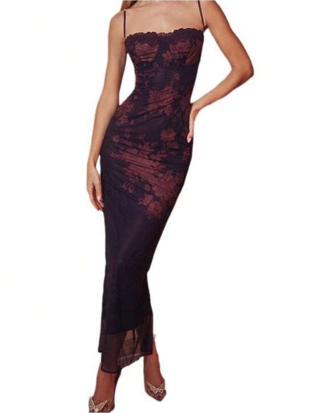 Amazon Burgundy & Black Floral Lace Maxi Dress